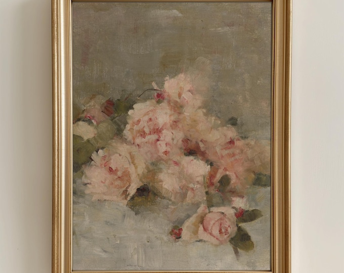 Digital Prints Vintage Pink Roses Still Life Painting Printable Wall Art | Vertical Floral Farmhouse Wall Decor Pink Roses Cottagecore Decor