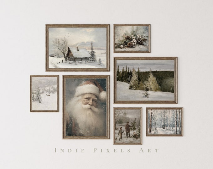 Printable Vintage Christmas Tree Prints, Set of Moody Winter Wall Art
