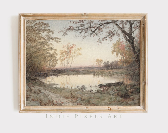 Vintage Pond Art Farmhouse Decor Landscape Painting Cottage Decor Print | Warm Neutral Country Tonal Wall Art Spring PRINTABLE Digital