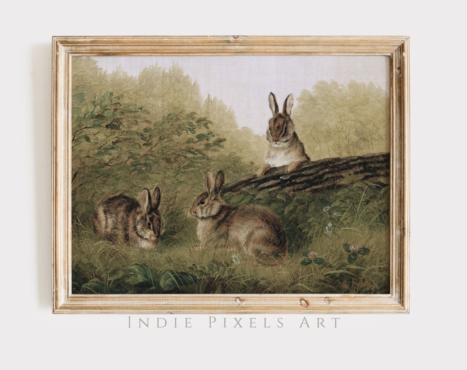 Vintage Farmhouse Decor Vintage Rabbit Painting Cottage Decor Print | Neutral Country Nursery Wall Art | Spring Easter PRINTABLE Digital Art