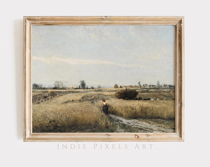 Fall Landscape Wheat Field Digital Printable Wall Art Vintage Countryside Painting Neutral Farmhouse Fall Wall Decor Rustic Autumn Decor