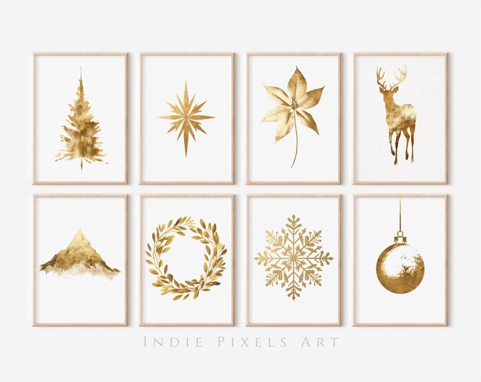 Minimalist Christmas Gallery Wall Digital Prints SET of 8 Gold Winter Wall Collage Simple Holiday Style Art Set of 8 Xmas Decor 10