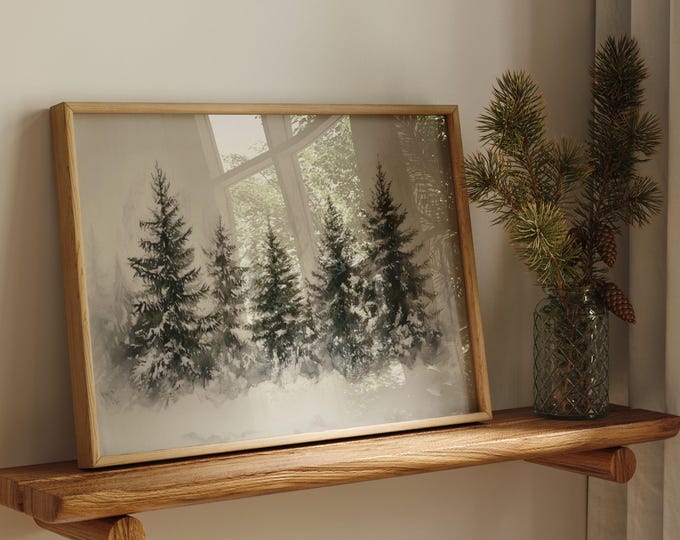 Vintage Christmas Tree Print, Christmas Decor Printable Wall Art, Moody Natural Antique Holiday Winter Evergreen Tree Painting