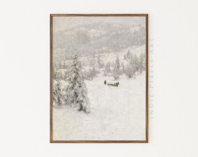 Printable Vintage Art Winter Landscape Print Vintage Fine Art | Vintage Christmas Nordic Farmhouse Vertical Art Printable Instant Download