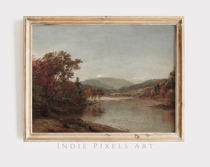 Printable Wall Art Vintage Fall Landscape Digital Print Vintage Autumn Lake Moody Countryside Painting Farmhouse Decor Digital Print