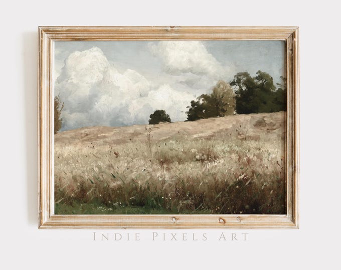 Vintage Landscape Print Wheat Field Digital Printable Wall Art Vintage Countryside Painting Neutral Rustic Farmhouse Wall Decor Digital Art
