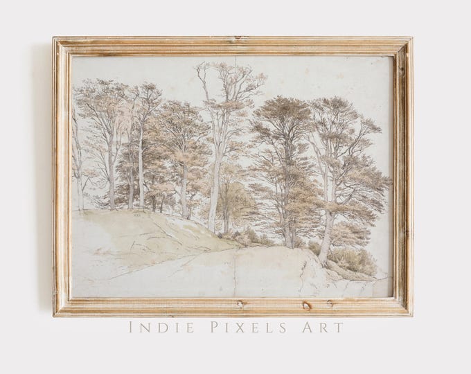 Vintage Neutral Fall Print Trees Sketch Digital Wall Art,  Rustic Landscape Drawing Farmhouse Decor Warm Tone Sketch Simple Autumn Decor