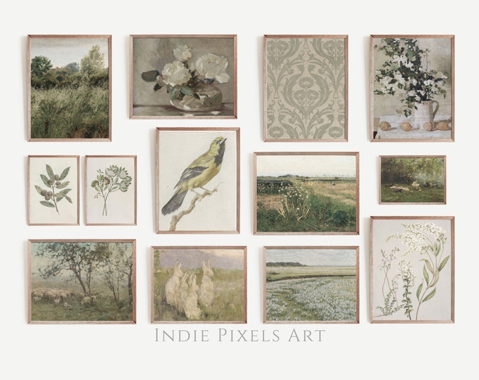Neutral Cottage Gallery Wall Set of 13 Vintage Prints | Sage Green European Living Room Spring Country Decor Vintage Dining Decor PRINTABLE