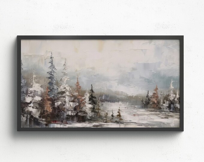 Moody Snowy Pine Forest Painting Winter Samsung Frame TV Art | Digital Download Art for Samsung Frame TV Instant Download