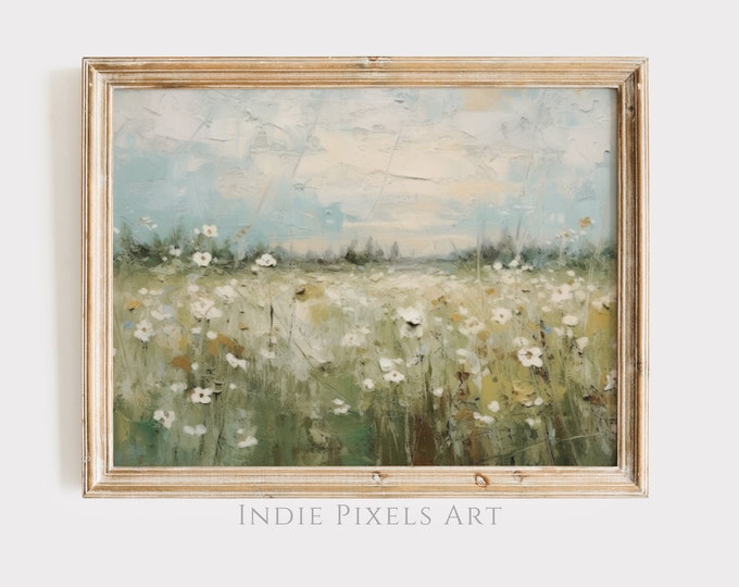 Muted Green Painting Spring Meadow Floral Landscape | Farmhouse Decor Summer Field Landscape Printable Art Neutral Spring Meadow Wall Decor