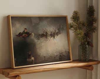 May include: A framed painting of a man riding in a sleigh pulled by reindeer. The painting is set against a snowy background and is displayed on a wooden shelf with a vase of pine branches.