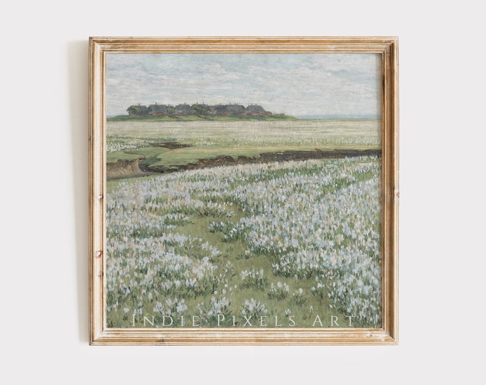 Vintage Landscape Print Spring Meadow Oil Painting Wildflower Field Artful Landscape SQUARE Print Country Farmhouse Printable Soft Green Art