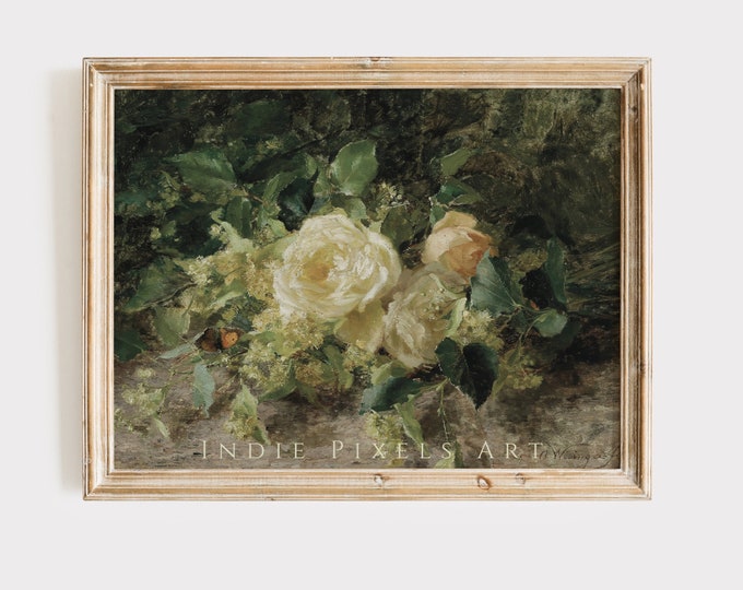 Yellow Vintage Floral Antique Art Moody Vintage Flower Print | Yellow Rose Floral Still Life Oil Painting PRINTABLE Downloadable Digital Art