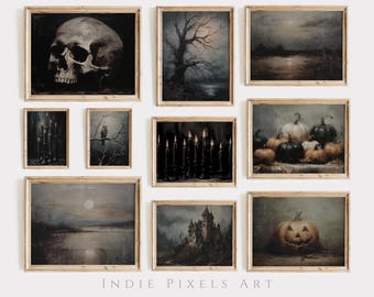 May include: A collection of nine framed prints with a Halloween theme. The prints feature images of a skull, a spooky tree, a moonlit lake, a row of candles, a still life of pumpkins, a castle, and a jack-o'-lantern.