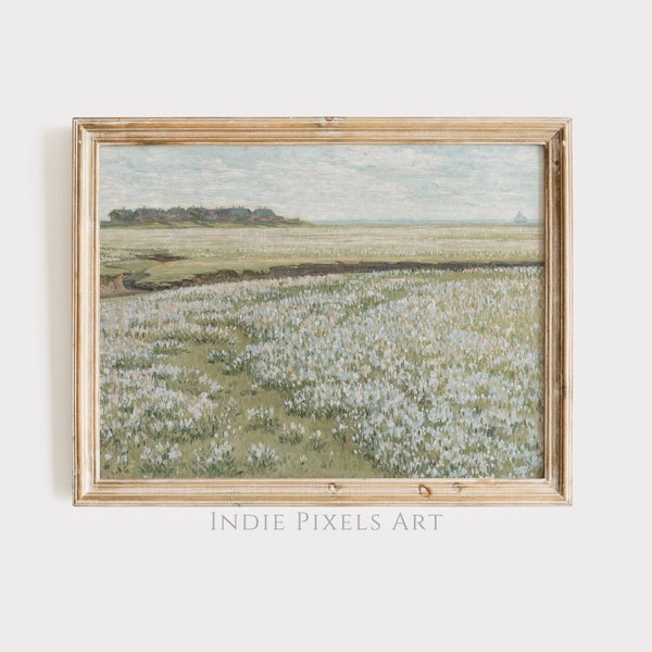 Vintage Landscape Print Warm Spring Meadow Oil Painting Wildflower Field Landscape Print | Country Farmhouse Printable Art Sage Green Art