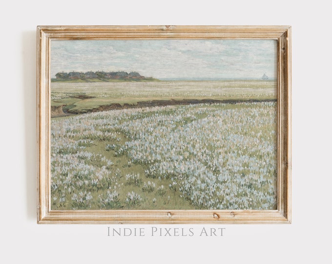 Vintage Landscape Print Warm Spring Meadow Oil Painting Wildflower Field Landscape Print | Country Farmhouse Printable Art Sage Green Art