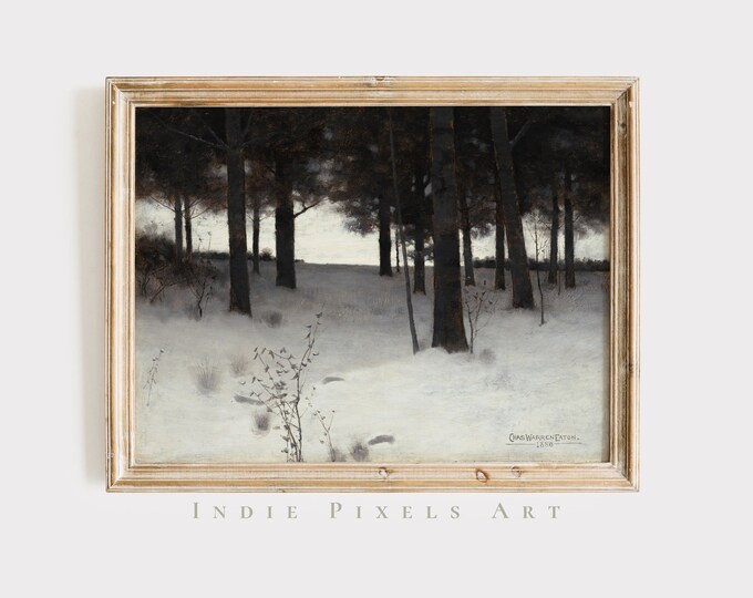 Printable Vintage Art Winter Artful Winter Snowy Pine Forest Landscape Print Black and White Country Farmhouse Winter Digital Download