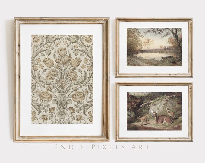 Fall Gallery Wall SET of 3 Vintage Neutral Prints Fall Wall Decor Rustic Fall Art Vintage Textile Autumn Prints Farmhouse Earth Tone Decor
