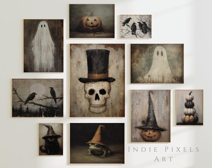 Primitive Halloween Gallery Wall Prints Set of 10 Digital Prints, Halloween Printable Wall Art Vintage Prints Skull Ghost Jack o Lantern