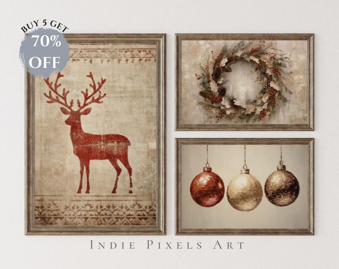 Rustic Red Christmas Gallery Wall Prints SET of 3 Christmas Digital Prints Art Primitive Christmas Print Vintage Set of 3