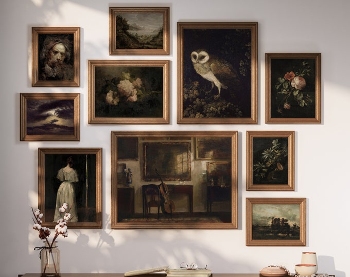 Moody Gallery Wall set of 10 for Study Decor.  Vintage art from 1800s. Dark Academia, dark Victorian Decor. Instantly download