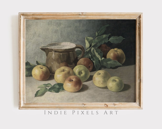 Rustic Fruit Still Life Country Kitchen Printable Vintage Painting | Fruit Still Life Painting Moody Apples Wall Art Digital Download