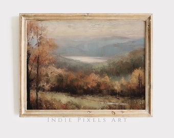 May include: A framed painting of a landscape scene with a lake in the distance. The painting is done in muted tones of brown, green, and blue. The frame is a simple, light wood.