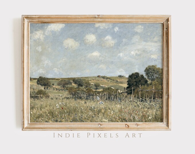 Printable Wildflower Field Landscape Vintage Painting | Country Landscape Print Country Field French Farmhouse Wall Art Digital Download