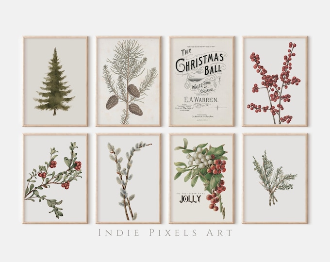 Winter Wall Art Set Printable Winter Botanicals Vintage Holiday Art, Vintage Cottage Christmas Decor Vertical Modern Farmhouse Art