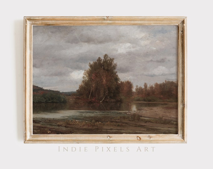 Fall Wall Art Printable Vintage Autumn Landscape Digital Print Vintage Autumn Pond Moody Countryside Painting Farmhouse Decor Digital Print