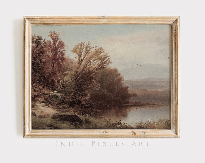 Fall Wall Art Printable Vintage Fall Landscape Digital Print Vintage Autumn Lake Moody Countryside Painting Farmhouse Decor Digital Print