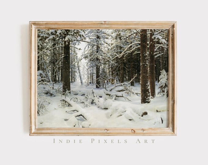 Printable Vintage Art Winter Pine Forest Christmas Painting Vintage Winter Artful Painting DIGITAL Art | Rustic Landscape