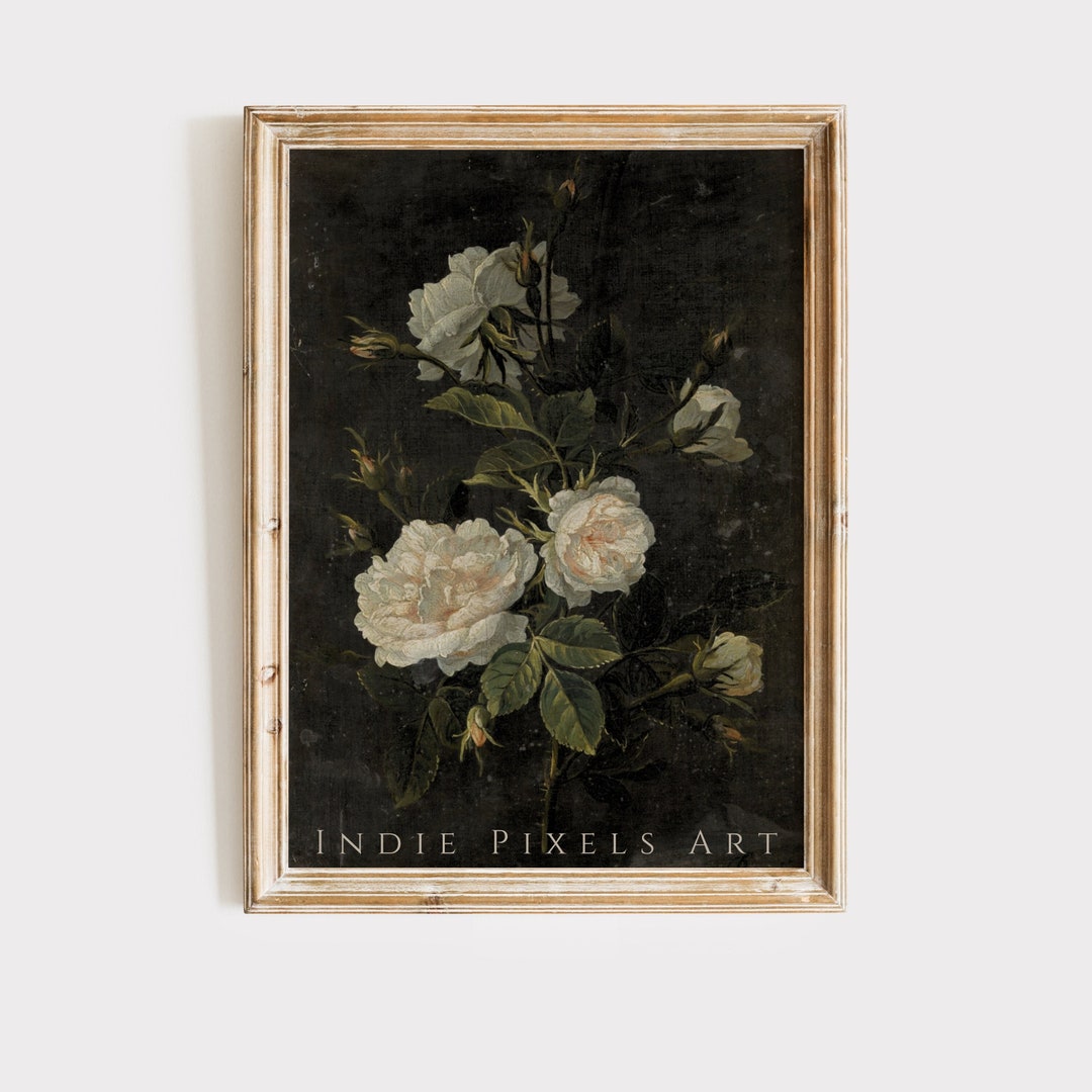 Vintage Rose Oil Painting Print | Moody Cottage Wall Art (downloadable ...