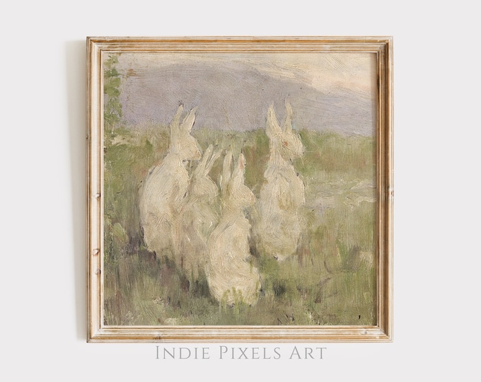 Vintage Farmhouse Decor Vintage Rabbit Painting SQUARE Art Print Cottage Decor | Neutral Country Nursery Wall Art Easter Digital PRINTABLE