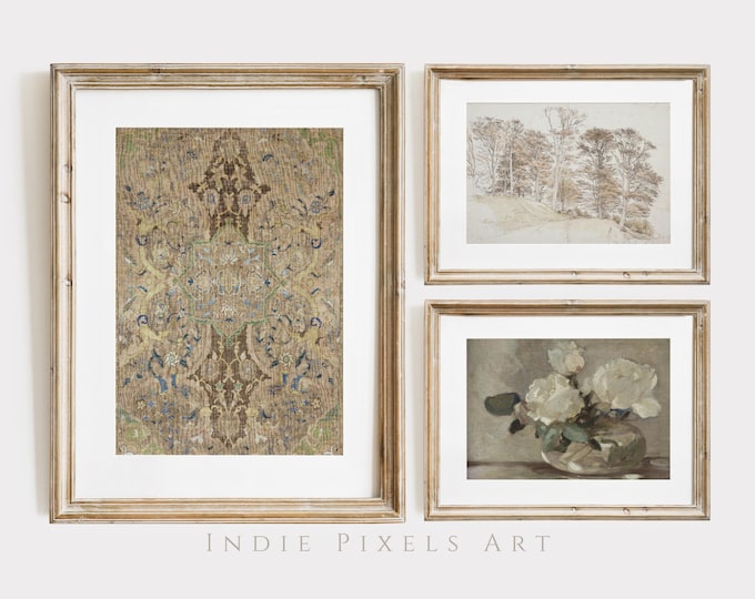 Fall Gallery Wall SET of 3 Vintage Neutral Prints, Fall Wall Decor Rustic Floral Art Vintage Tapestry Autumn Forest Sketch Farmhouse Decor