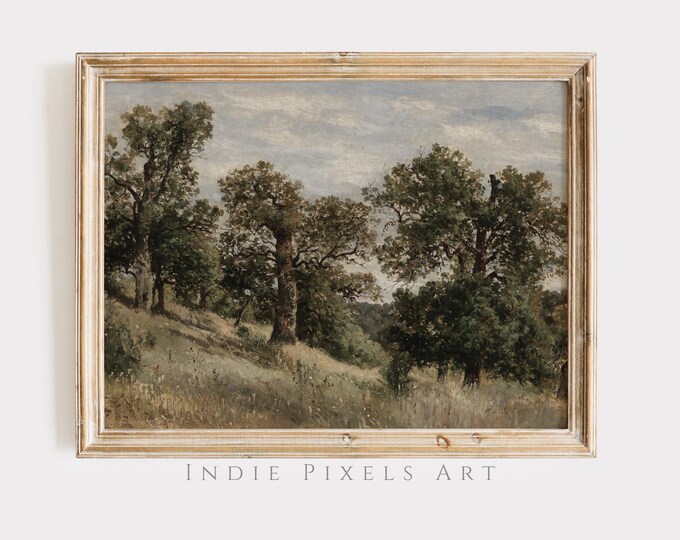 Vintage Rustic Fall Landscape Print Autumn Hillside Painting Digital Wall Art,  Neutral Moody Countryside Art PRINTABLE Digital Autumn Art