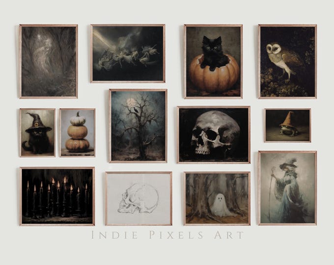 Printable Halloween Art Gallery Wall Prints SET of 13 Digital Prints Vintage Halloween Decor Digital Art Gallery Wall Printable Decorations