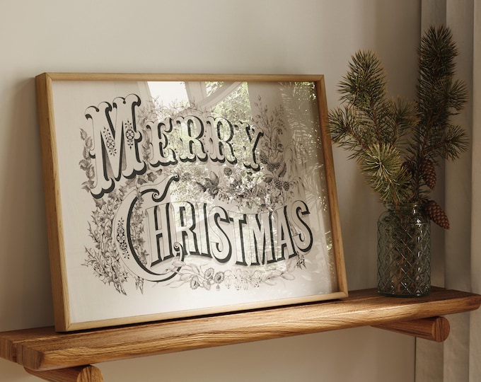 Printable Christmas Art Vintage Merry Christmas Sign Holiday Printable Art | Vertical Rustic Cottage Christmas Decor Vintage Christmas Sign