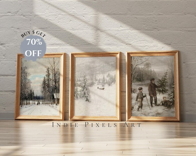 Vintage Winter Digital Printable Art Gallery Christmas Prints Set of 3 Rustic Paintings Modern Farmhouse Decor Art Cottage Holiday Decor