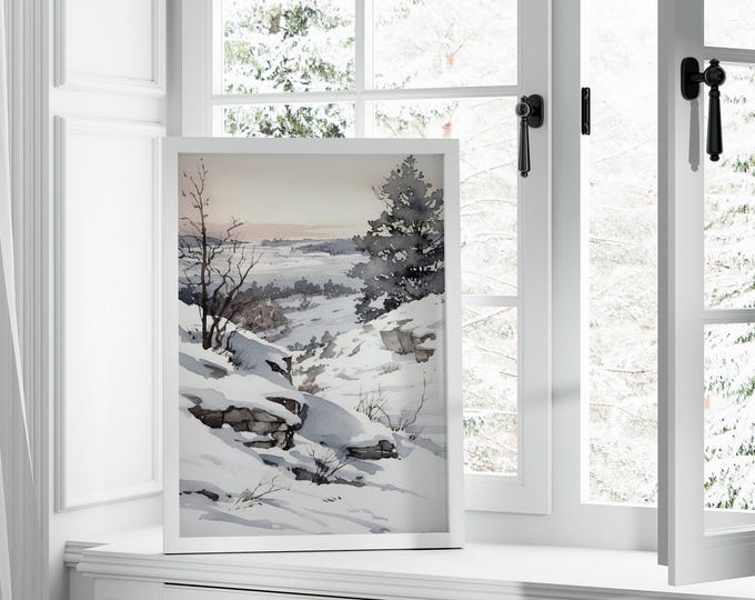 Watercolor Winter Landscape Artful Painting Vertical Wall Art Winter Pine Forest Christmas Painting Digital Download Watercolor