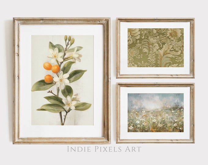 Gallery Wall SET of 3 Printable Wall Art Muted Green Painting Landscape Tapestry and Floral Set European Wall Art Gallery Set Download