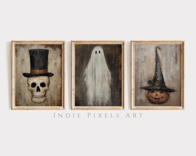 Primitive Halloween Gallery Wall Prints SET of 3 Digital Prints, Halloween Printable Wall Art Vintage Prints Skull Ghost Jack o Lantern