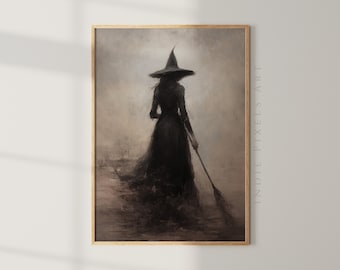 ヴィンテージ魔女プリント｜不気味なハロウィンアート、ファームハウス風デコレーション（デジタルダウンロード）