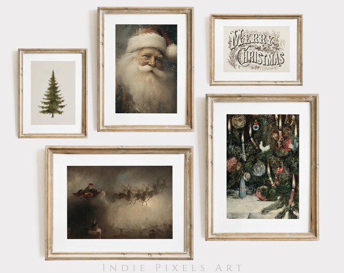 Christmas Prints Set of 5 Vintage Art Santa Sleigh Painting Holiday Printable Art | Moody Christmas Tree Decor Vintage Merry Christmas Sign