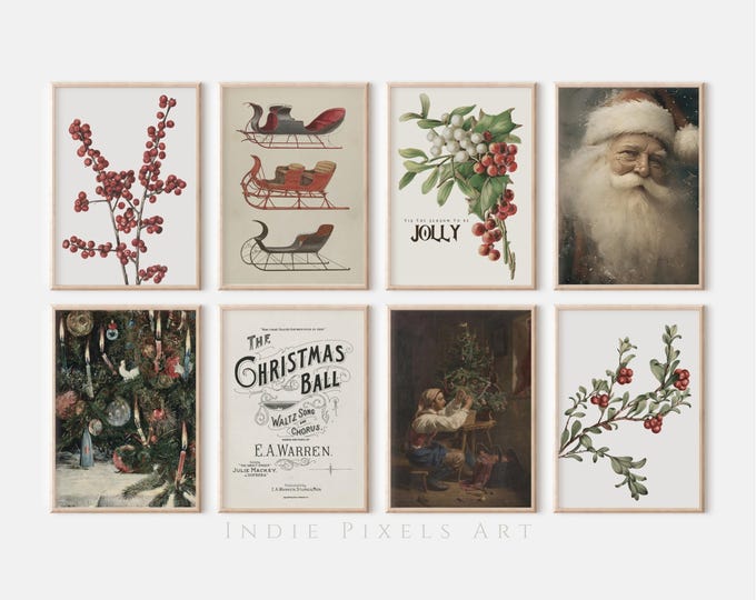 Christmas Digital Prints Gallery Wall Set Santa Sleigh Christmas Tree | Holiday Printable Art Vintage Christmas Decor Modern Farmhouse Decor