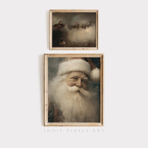 Vintage Santa Sleigh Painting: Rustic Christmas Art Set (Digital Download)