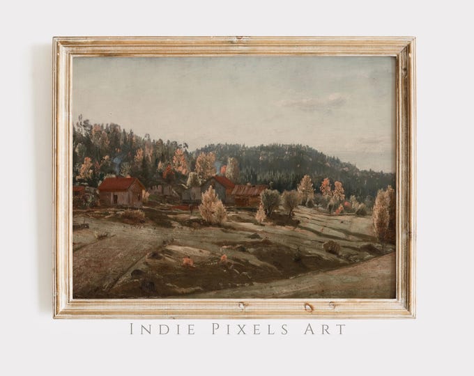 Printable Wall Art Vintage Autumn Landscape Digital Print Vintage Farmhouses Fall Countryside Painting Farmhouse Decor Digital Print