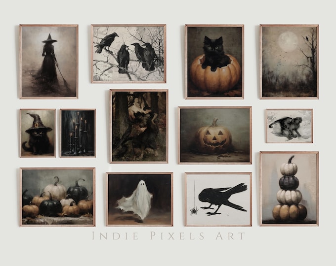 Halloween Decor Halloween Printable Wall Art Set of 13 Prints, Vintage Halloween Printable Digital Art Gallery Wall Printable Decorations