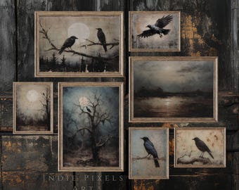 May include: A collection of framed art prints featuring dark, gothic-inspired landscapes with crows, trees, and moons. The artwork has a vintage, antique aesthetic with muted tones of gray, brown, and blue. The text "INDIE PIXELS ART" is visible at the bottom.