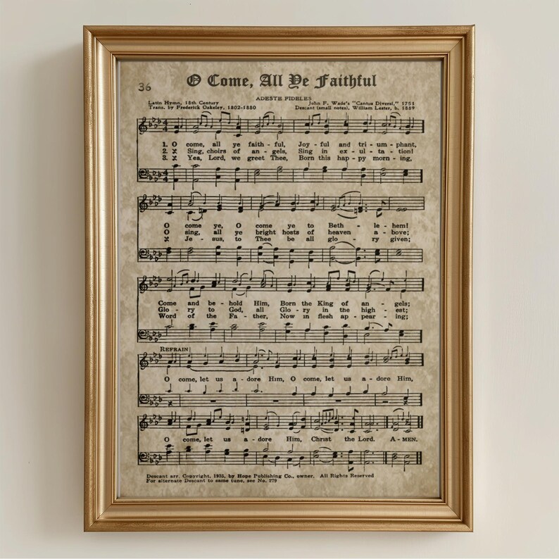 O Come All Ye Faithful Print, Vintage Christmas Carol Art (digital